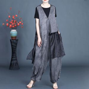 Jacquard Bamboo V-neck Flounced Waistcoat with Wide Leg Pants