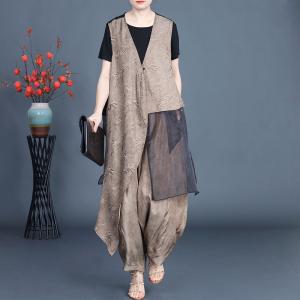 Jacquard Bamboo V-neck Flounced Waistcoat with Wide Leg Pants