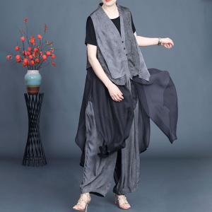 Jacquard Flounced Long Waistcoat with Silk Harem Pants