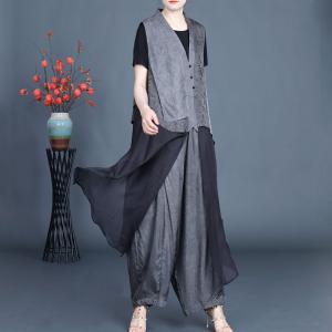 Jacquard Flounced Long Waistcoat with Silk Harem Pants