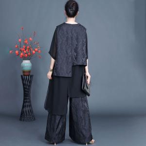 Asymmetrical Silk Cardigan Top with Song Brocade Palazzo Pants