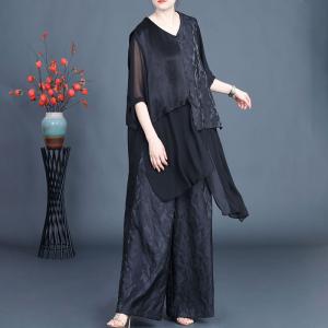 Asymmetrical Silk Cardigan Top with Song Brocade Palazzo Pants