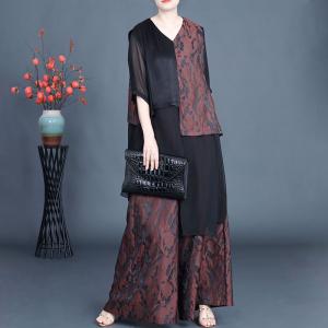 Asymmetrical Silk Cardigan Top with Song Brocade Palazzo Pants