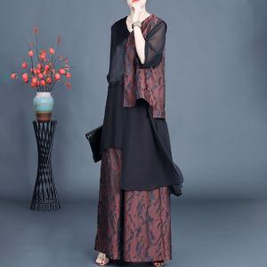 Asymmetrical Silk Cardigan Top with Song Brocade Palazzo Pants