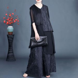 Asymmetrical Silk Cardigan Top with Song Brocade Palazzo Pants