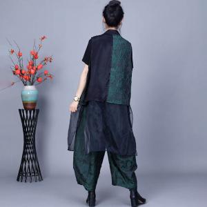 Sheer Gauze Splicing Vest with Jacquard Plus Size Pants