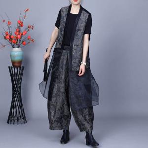 Sheer Gauze Splicing Vest with Jacquard Plus Size Pants