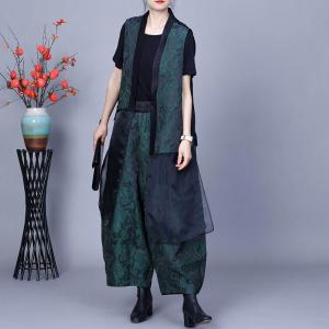 Sheer Gauze Splicing Vest with Jacquard Plus Size Pants