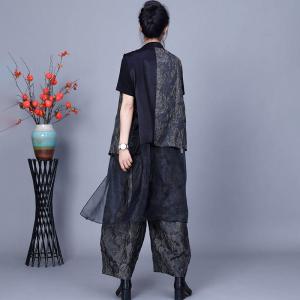 Sheer Gauze Splicing Vest with Jacquard Plus Size Pants