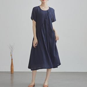 Crew Neck Short Sleeves Ramie Loose Shift Dress