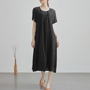 Crew Neck Short Sleeves Ramie Loose Shift Dress