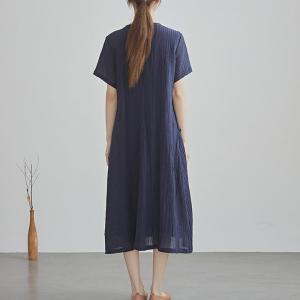 Crew Neck Short Sleeves Ramie Loose Shift Dress