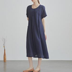 Crew Neck Short Sleeves Ramie Loose Shift Dress