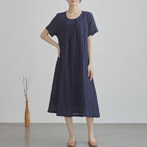 Crew Neck Short Sleeves Ramie Loose Shift Dress