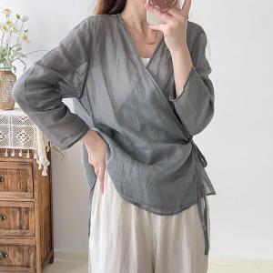 V-Neck Long Sleeves Gray Tied Wrap Blouse