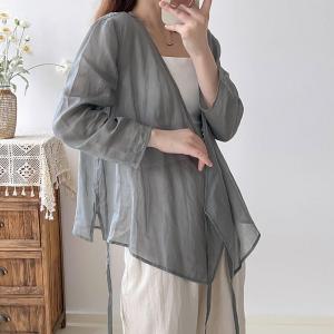 V-Neck Long Sleeves Gray Tied Wrap Blouse