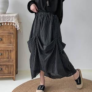 Vertical Striped Cotton Pleated Maxi Skirt