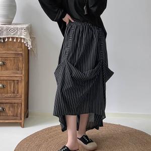 Vertical Striped Cotton Pleated Maxi Skirt