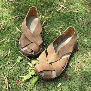 Comfy Cross Leather Peep Toe Sandal Flats