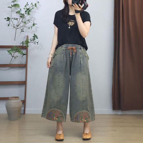 Chinese Embroidery Pull-On Wide Leg Jeans