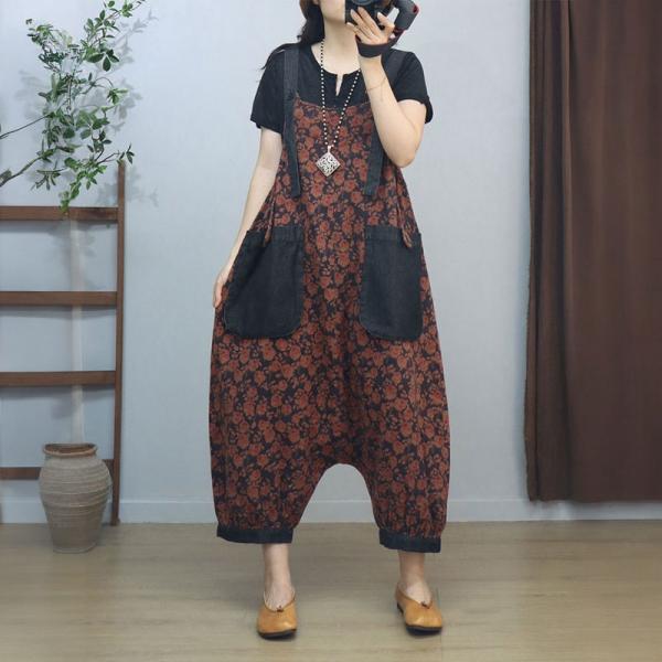 Black Front Pockets Printed Flax Harem Overalls