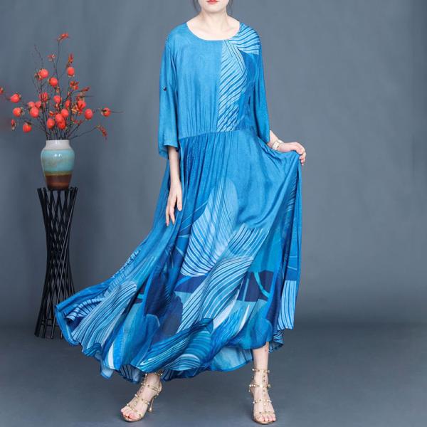 Blue Patterned Flounced Empire Waist Dress