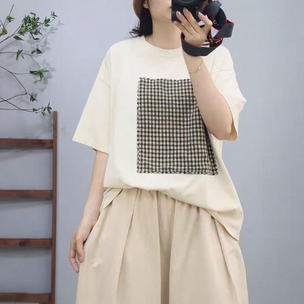 Japandi Style Plaid Patchwork Cotton Oversized T-shirt