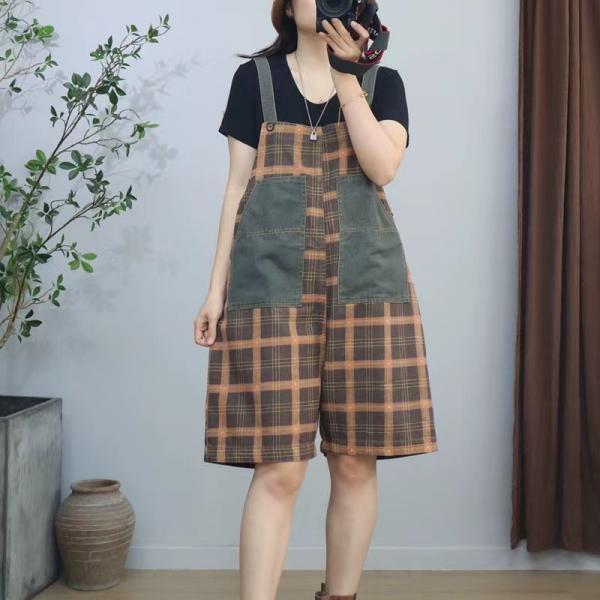 Denim Patched Pocket Tartan Overall Shorts
