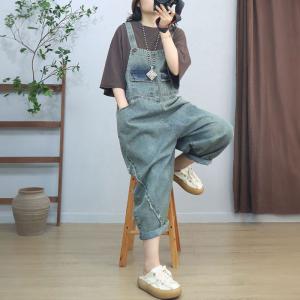 Flap Pockets Fringed Light Wash Jean Overalls