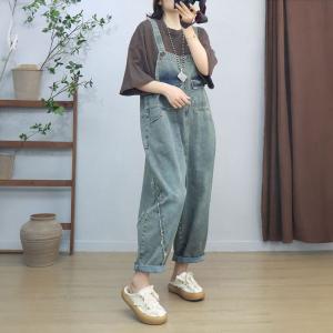 Flap Pockets Fringed Light Wash Jean Overalls