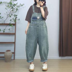 Flap Pockets Fringed Light Wash Jean Overalls