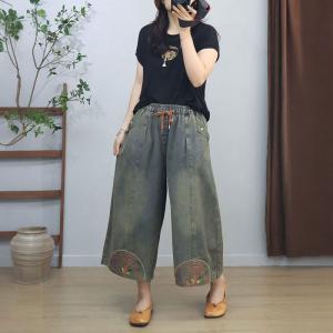 Chinese Embroidery Pull-On Wide Leg Jeans