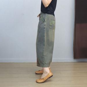 Chinese Embroidery Pull-On Wide Leg Jeans