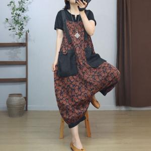 Black Front Pockets Printed Flax Harem Overalls