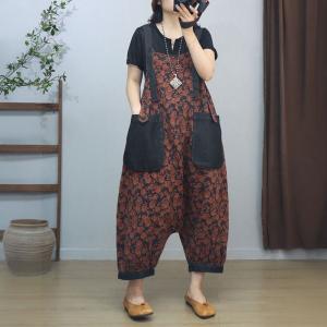 Black Front Pockets Printed Flax Harem Overalls