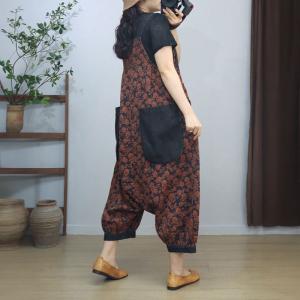 Black Front Pockets Printed Flax Harem Overalls