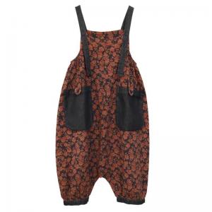 Black Front Pockets Printed Flax Harem Overalls