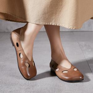 Round Toe Genuine Leather Holes Flat Comfort Shoes