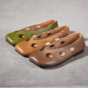 Round Toe Genuine Leather Holes Flat Comfort Shoes