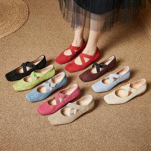 Front Cross Sheep Skin Low Heels Ballet Shoes