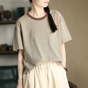 Coffee Stripes Casual Crew Neck Oversized T-shirt