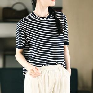 Blue Striped Short Sleeves Casual Tee