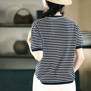 Blue Striped Short Sleeves Casual Tee