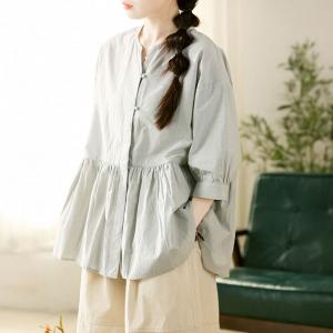 Beading Buttons Puff Sleeves Cute Plaid Doll Blouse