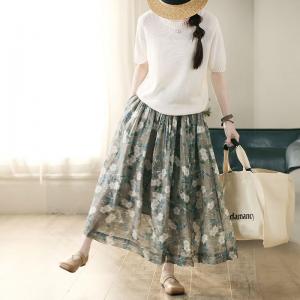 Summer Flowers Patterned Ramie Maxi Resort Skirt