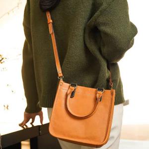 Vegetable-Tanned Leather Elegant Square Handbag