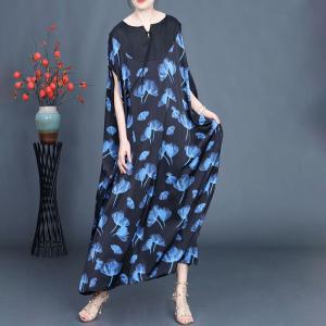 Tassel Sweetheart Neck Blue Flowers Loose Fitting Dress