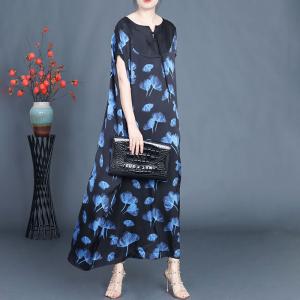 Tassel Sweetheart Neck Blue Flowers Loose Fitting Dress