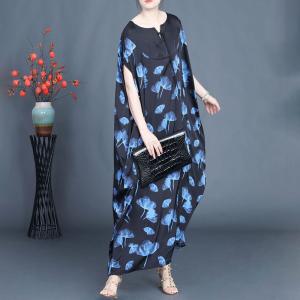 Tassel Sweetheart Neck Blue Flowers Loose Fitting Dress