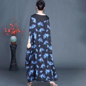 Tassel Sweetheart Neck Blue Flowers Loose Fitting Dress